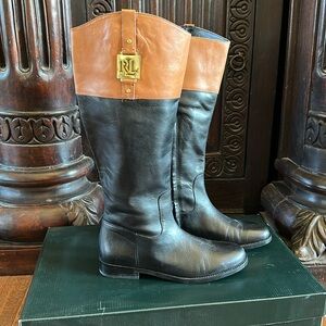Ralph Lauren Jaden Black and Tan Burnished Leather Boot 🤎🖤